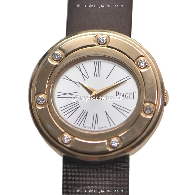 Elegant Piaget POSSESSION Quartz Replica in 18kt Rose Gold with White Dial Silk Brown Strap