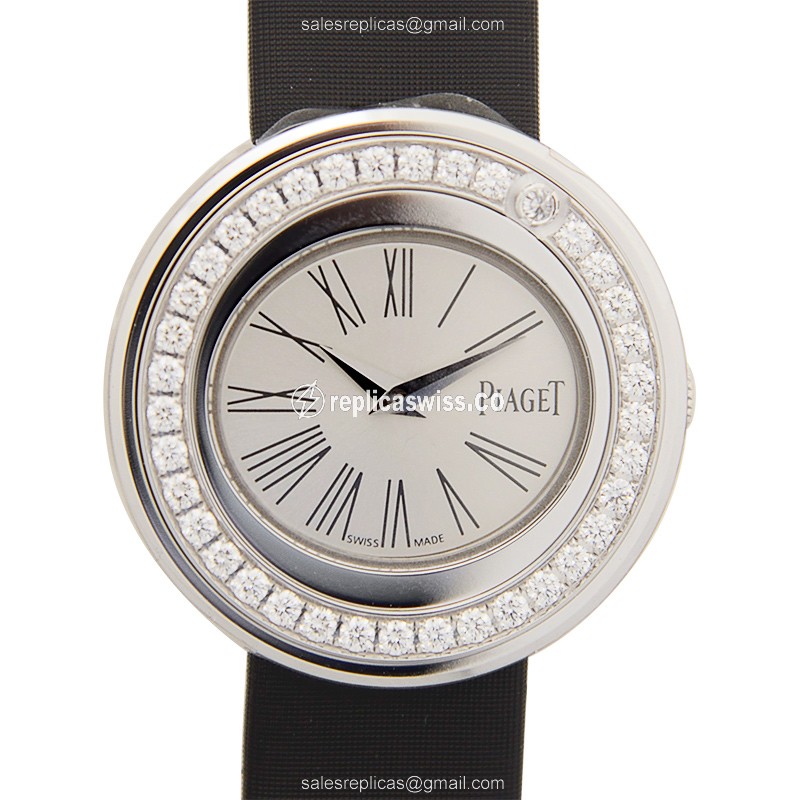Elegant Piaget POSSESSION Replica Watch in 18kt White Gold, Silver Dial, Silk Strap