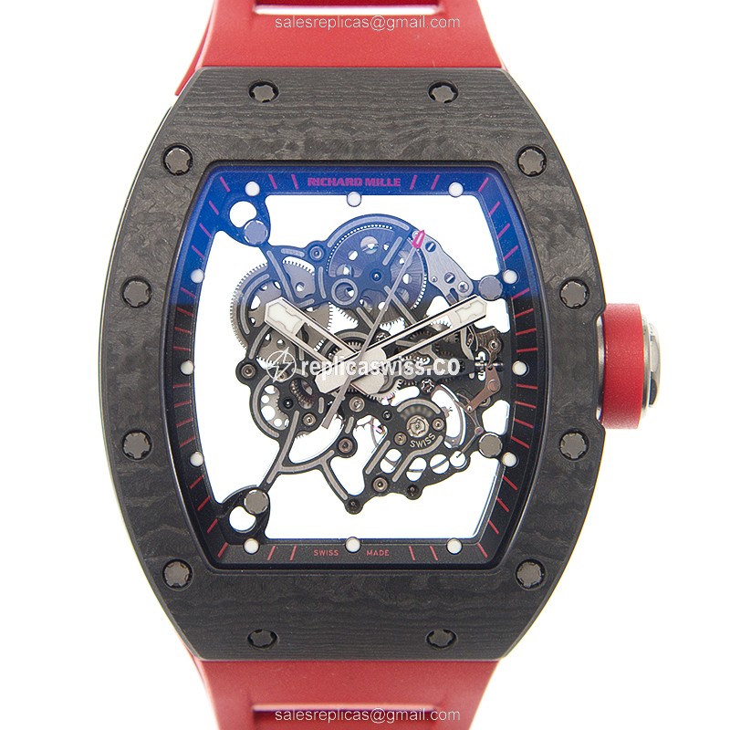Elegant Richard Mille RM55 Skull Ceramic Replica with Automatic Movement Red Rubber Strap Watch