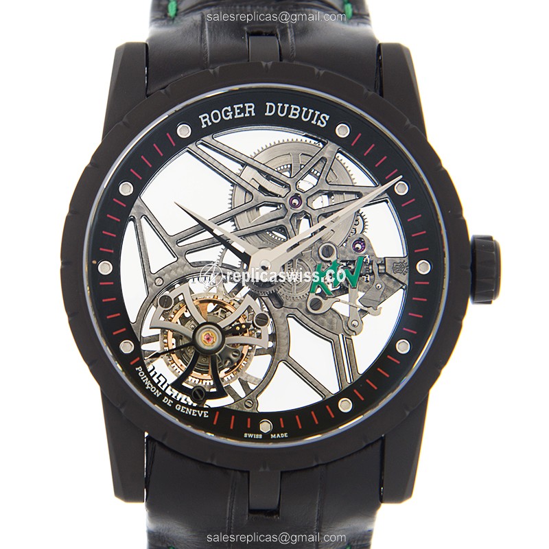 Elegant Roger Dubuis DBEX0581 EXCALIBUR Automatic Steel Replica, Skull Dial & Leather Strap Watch