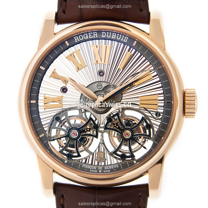 Elegant Roger Dubuis DBHO0563 Hommage Manual Wind 18kt Rose Gold Replica with Skull Dial &
