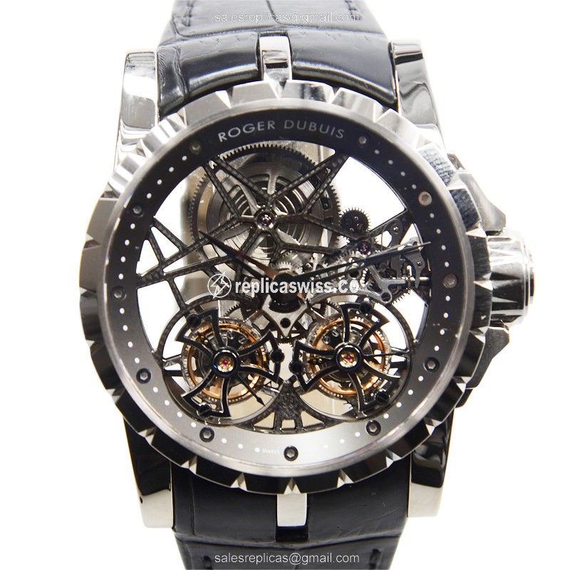 Elegant Roger Dubuis RDDBEX0281 EXCALIBUR Manual Wind Gold Watch | Silver Dial, Leather Strap