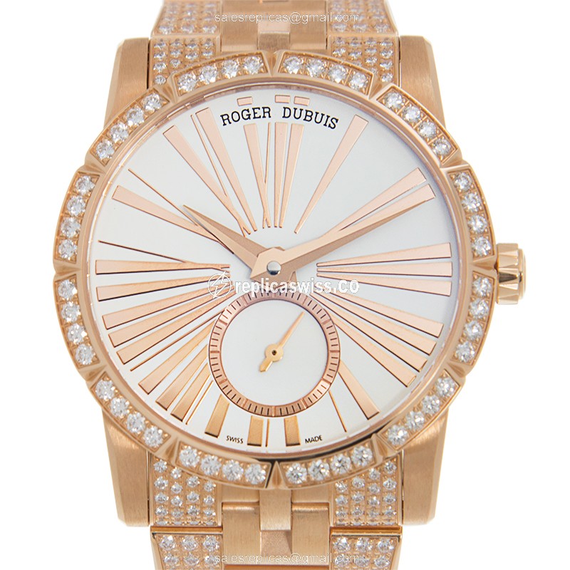 Elegant Roger Dubuis RDDBEX0381 EXCALIBUR Replica in 18kt Gold with White Dial Automatic