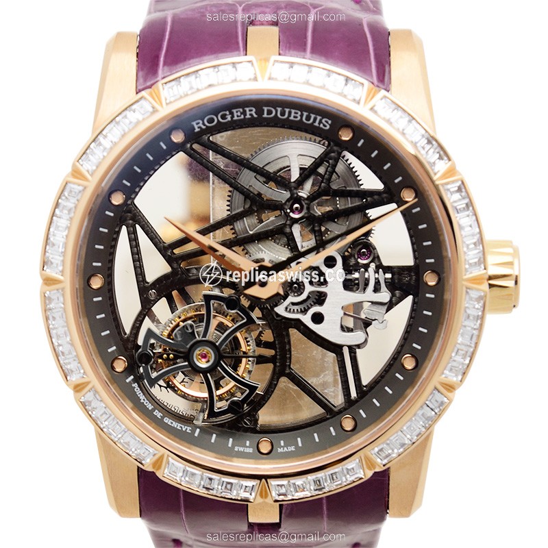 Elegant Roger Dubuis RDDBEX0404 EXCALIBUR Replica, Manual Wind, 18kt Rose Gold Case & Skull Dial