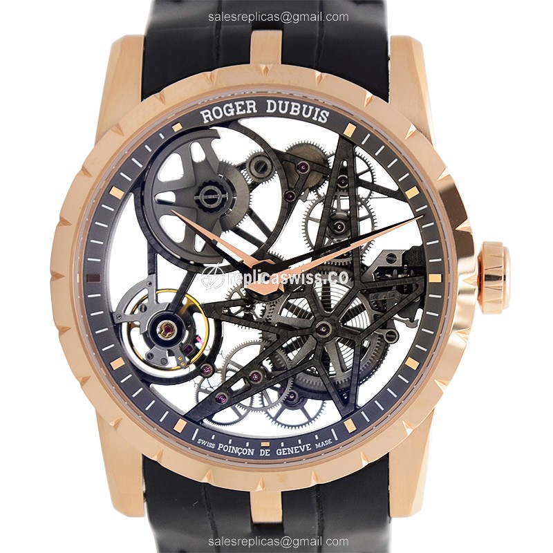 Elegant Roger Dubuis RDDBEX0422 Excalibur Automatic 18kt Gold Skull Dial, Alligator Black Strap