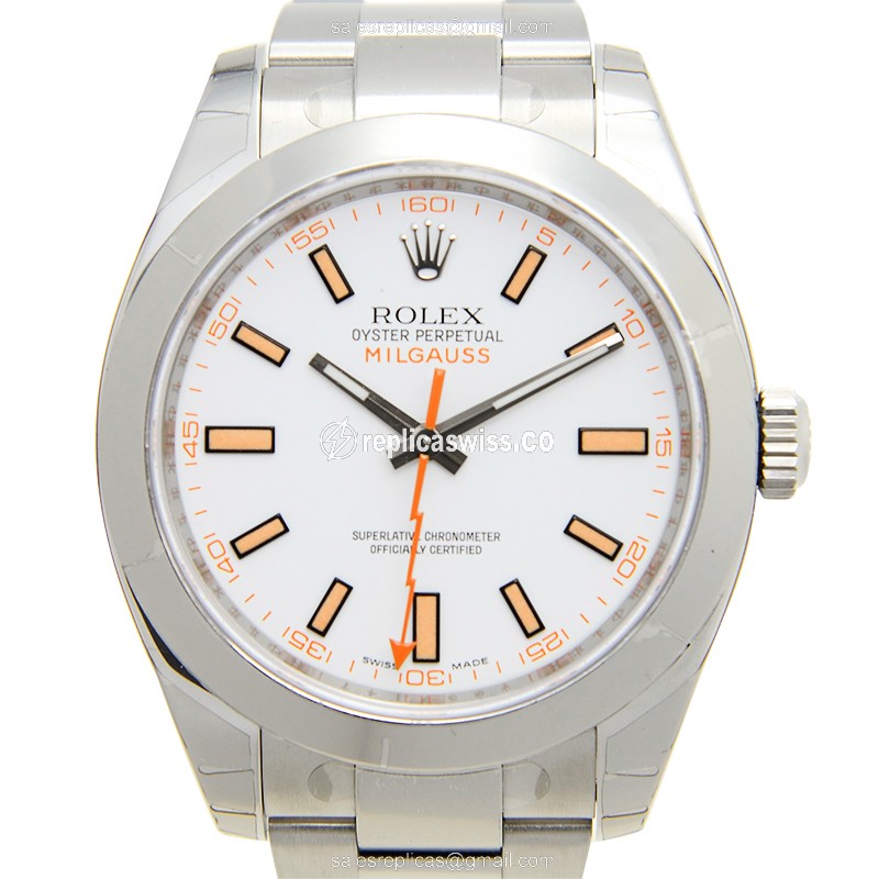 Elegant Rolex 116400WT MILGAUSS Replica with White Dial Stainless Steel Case Watch