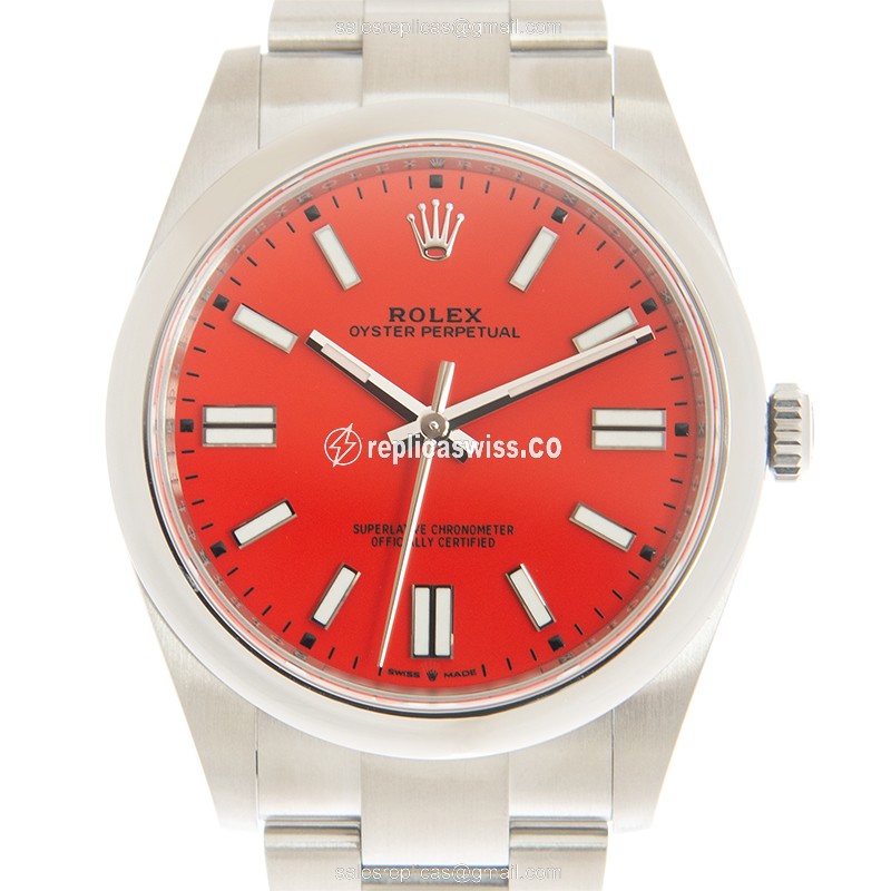 Elegant Rolex 124300-0007 OYSTER PERPETUAL Replica in Red Dial & Stainless Steel Case Watch