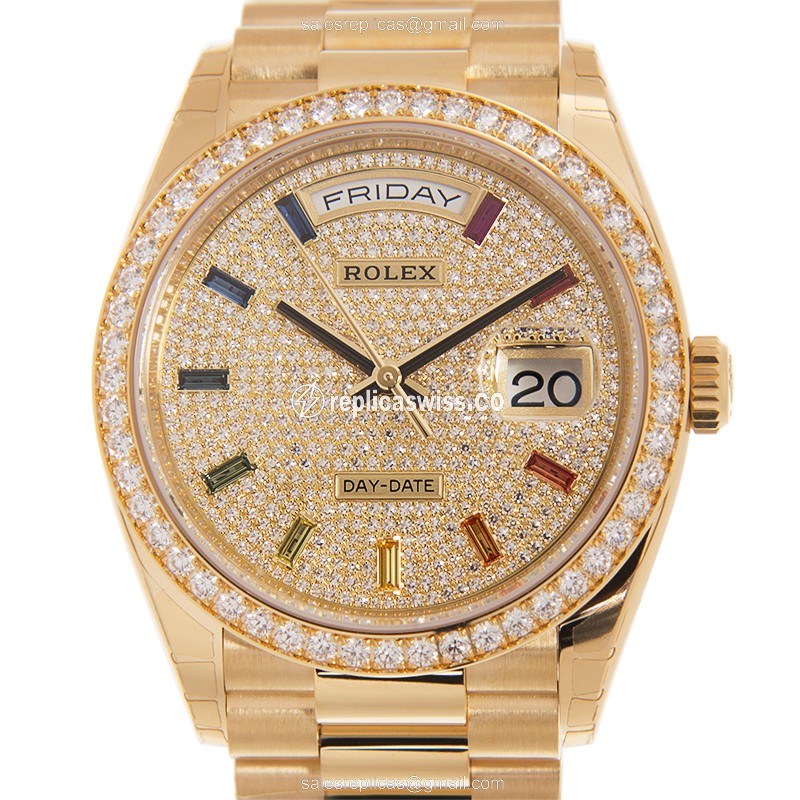 Elegant Rolex 128348RBR-0030 DAY-DATE Replica in 18kt Gold with Automatic Movement Silver Dial