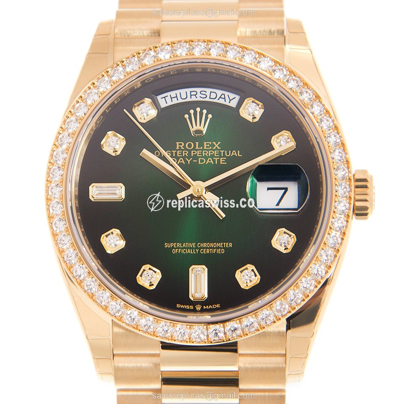 Elegant Rolex 128348RBR-0035 DAY-DATE Replica in 18kt Gold with Green Dial Automatic Movement