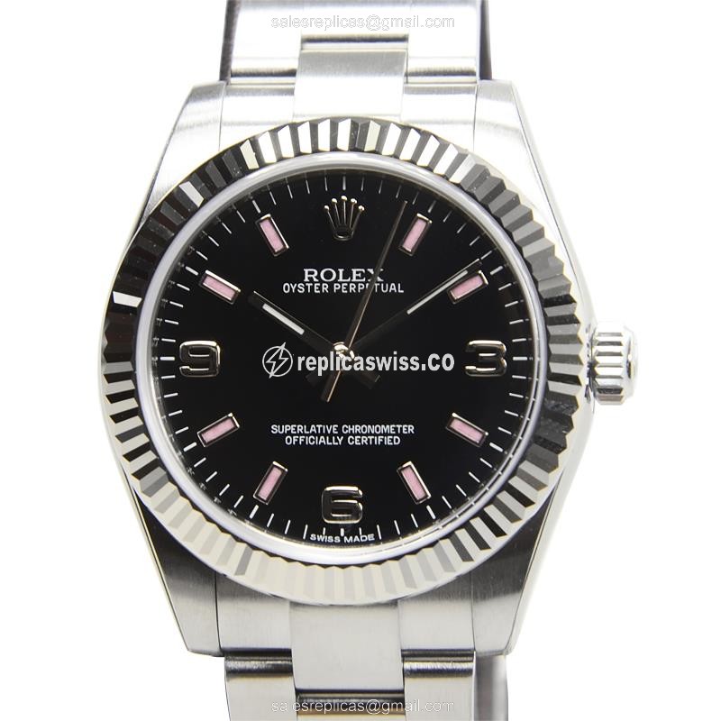 Elegant Rolex 177234BK369PK OYSTER PERPETUAL Replica in Black Dial & Steel Strap Watch