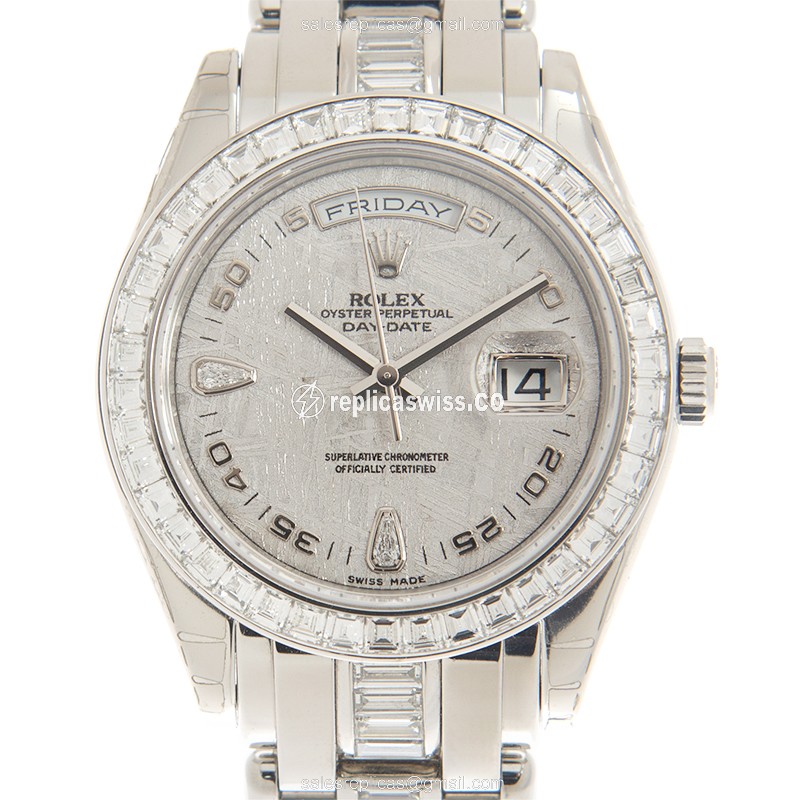 Elegant Rolex 18956METE_DAIO Day-Date Replica in Platinum Case with Automatic Movement Silver