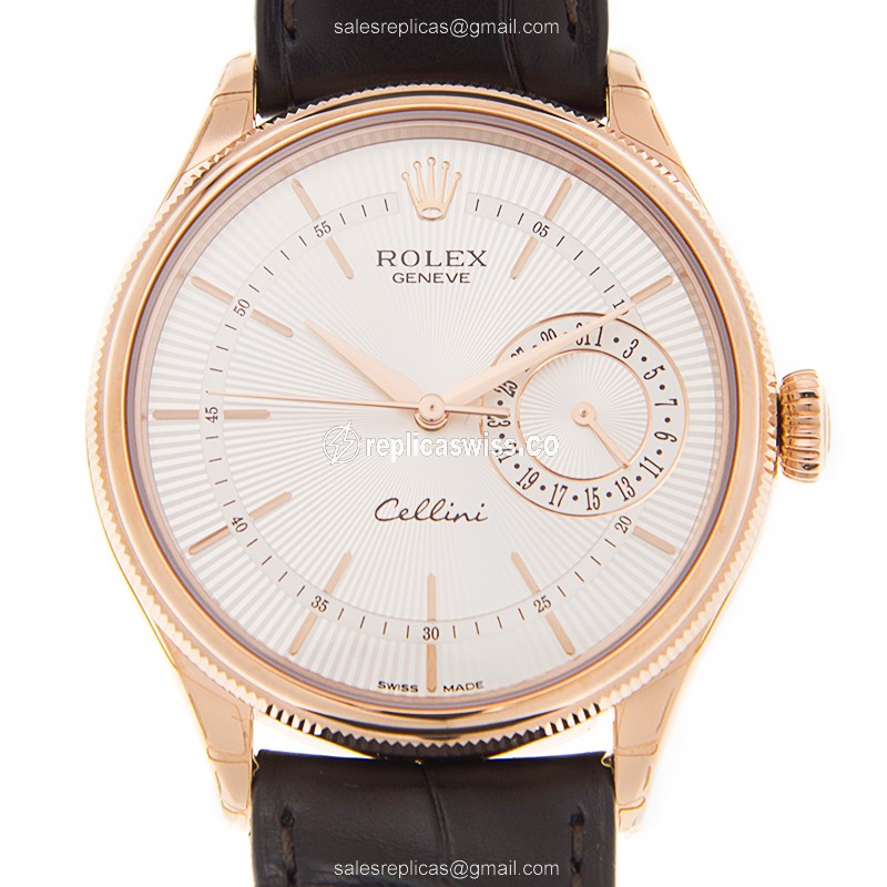 Elegant Rolex Cellini Series Automatic Replica in 18kt White Gold Leather Strap Watch