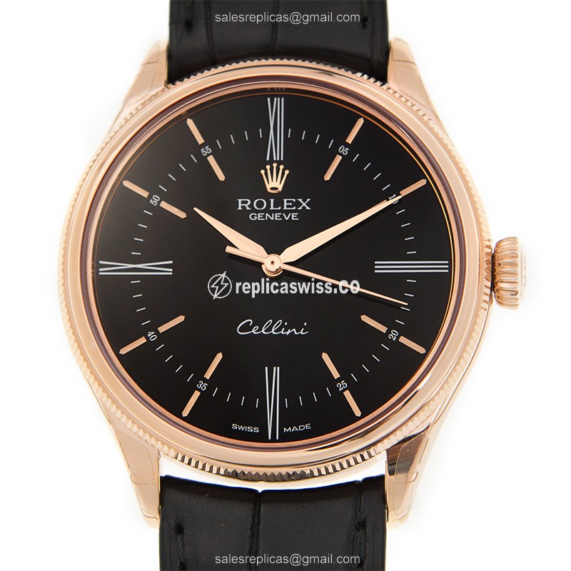 Elegant Rolex Cellini Series Replica in 18kt Rose Gold with Automatic Movement Black Dial Watch