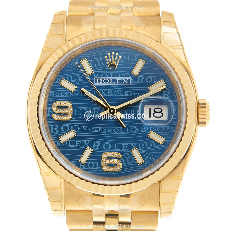 Elegant Rolex Datejust 116238BLWAVE32BRA_J Replica, Automatic Movement, Blue Dial, 18kt Gold Case