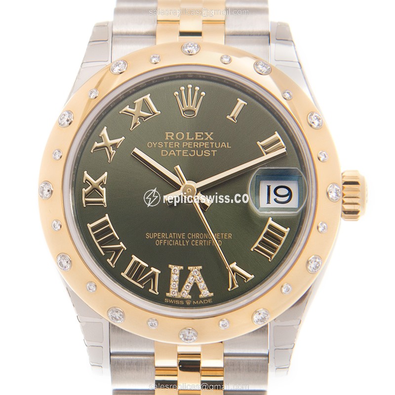 Elegant Rolex DATEJUST Replica in 18kt Gold, Automatic Movement, Green Dial & Steel Bracelet Watch