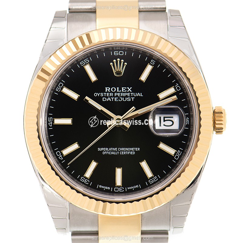 Elegant Rolex DATEJUST Replica in 18kt Gold & Steel Case, Automatic Movement, Black Dial Watch
