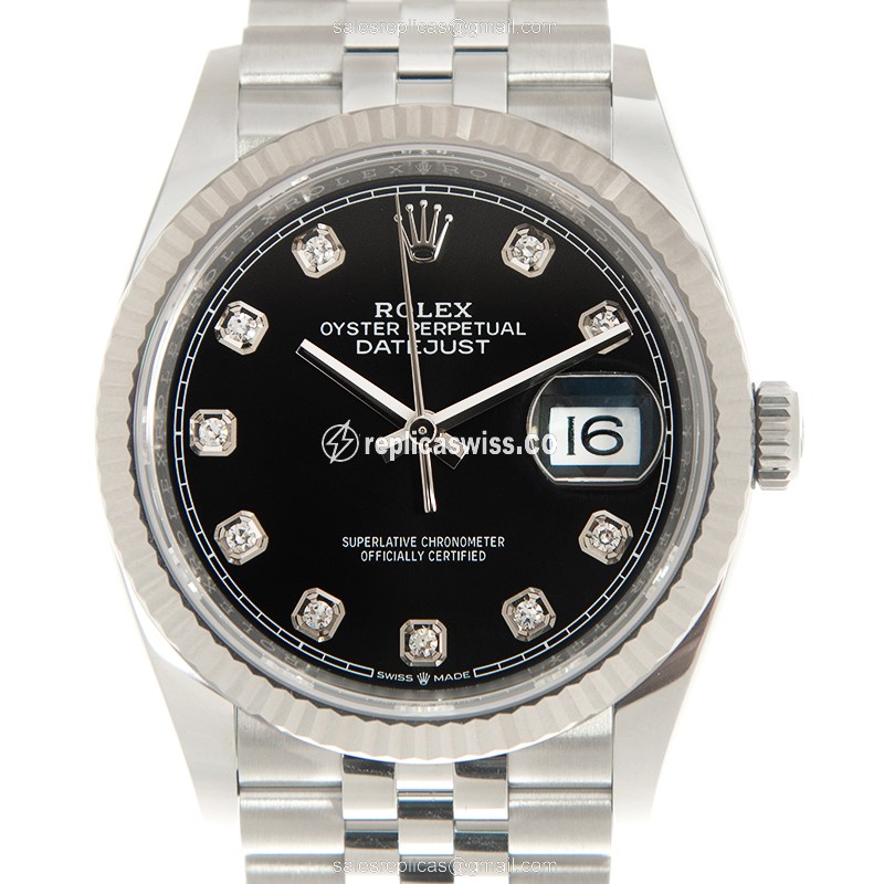Elegant Rolex DATEJUST Replica in 18kt White Gold, Automatic Movement & Sleek Black Dial Watch