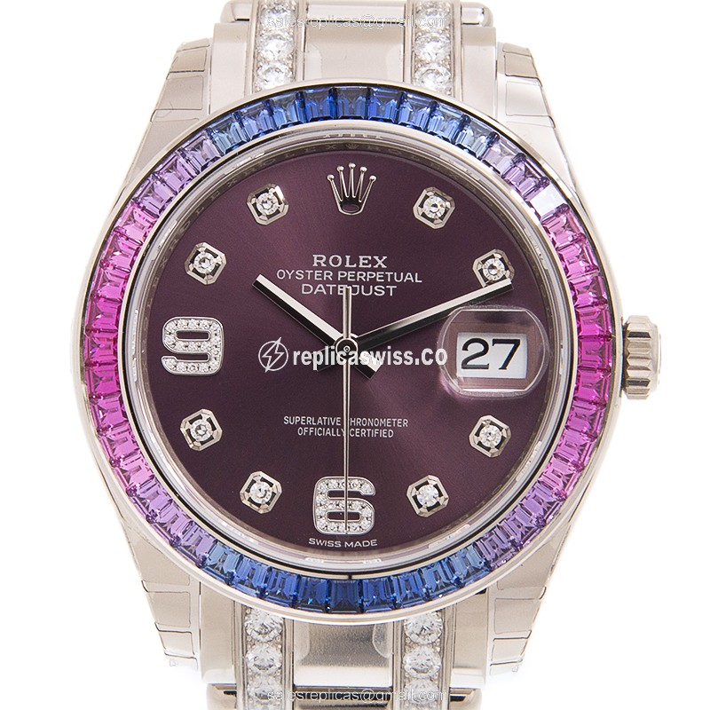 Elegant Rolex Datejust Replica in 18kt White Gold Sapphire & Purple Dial, Automatic Movement Watch