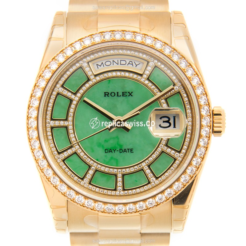 Elegant Rolex Day-Date 118348GNJADECAROUSELDIA Replica in 18kt Gold with Automatic Movement and