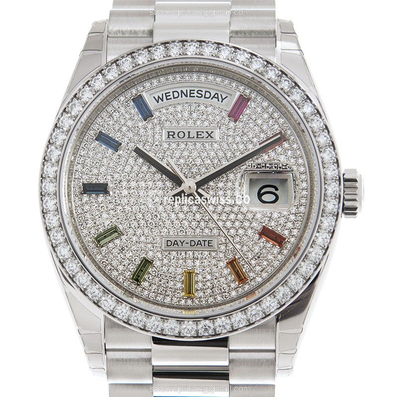 Elegant Rolex Day-Date 128349RBR-0006 Replica in 18kt White Gold, Automatic Movement, Silver