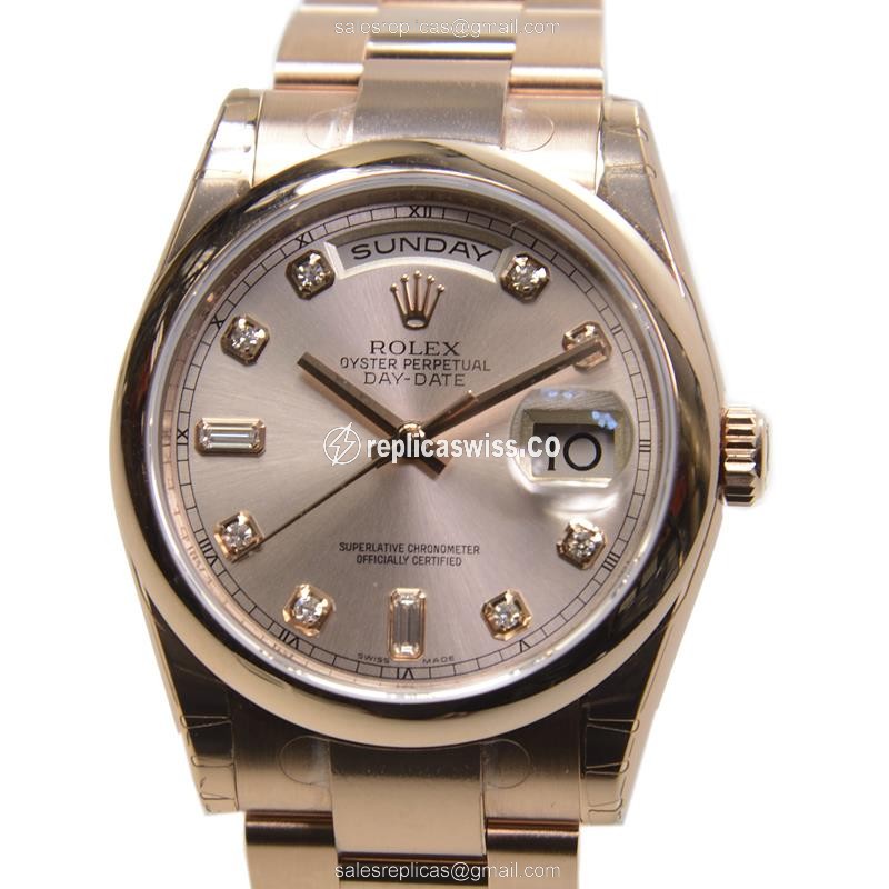 Elegant Rolex Day-Date Replica in Pink Dial & 18kt Steel, Automatic Movement Watch