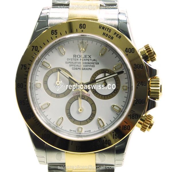 Elegant Rolex Daytona 116523WT Replica in 18kt Gold & Steel Case with White Dial Automatic