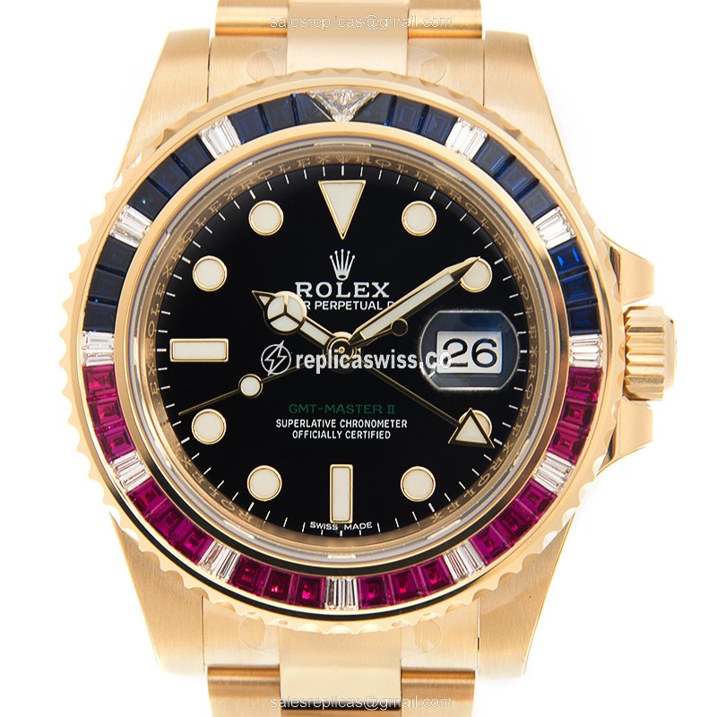 Elegant Rolex GMT-MASTER II Replica in 18kt Gold, Automatic Movement & Black Dial Watch