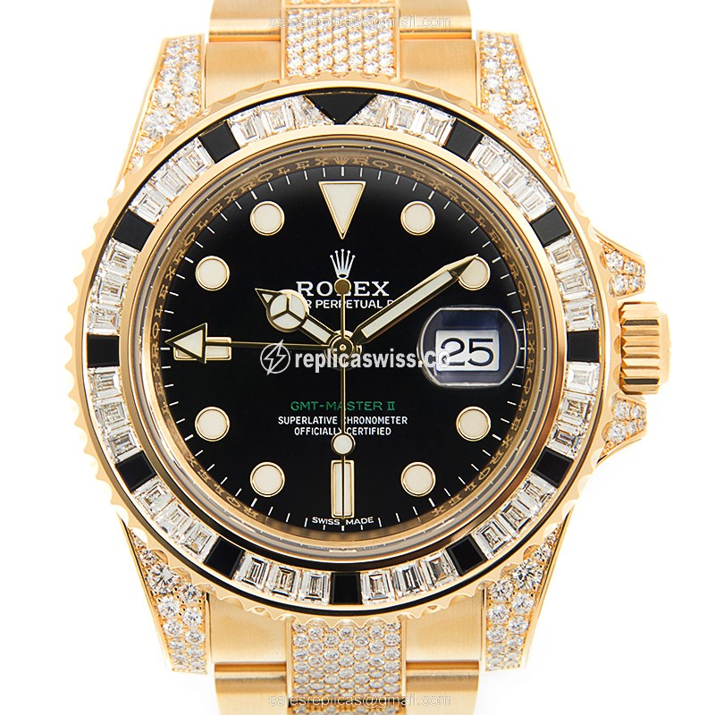 Elegant Rolex GMT-MASTER II Replica in 18kt Gold, Automatic Movement & Black Dial Watch