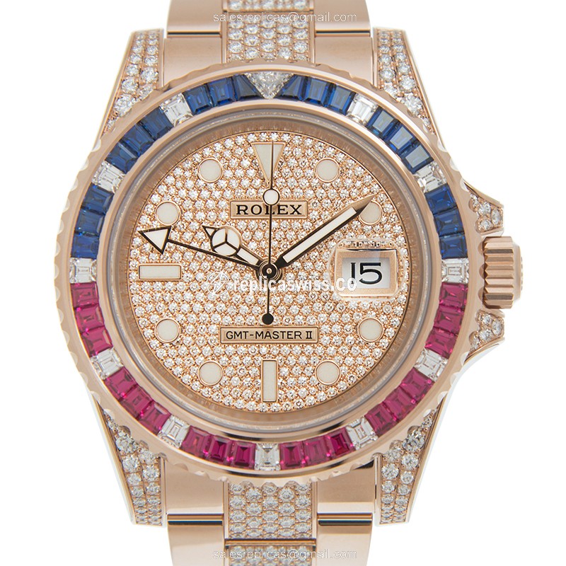 Elegant Rolex GMT-MASTER II Replica in 18kt Rose Gold, Automatic Movement & Diamond Accents Watch