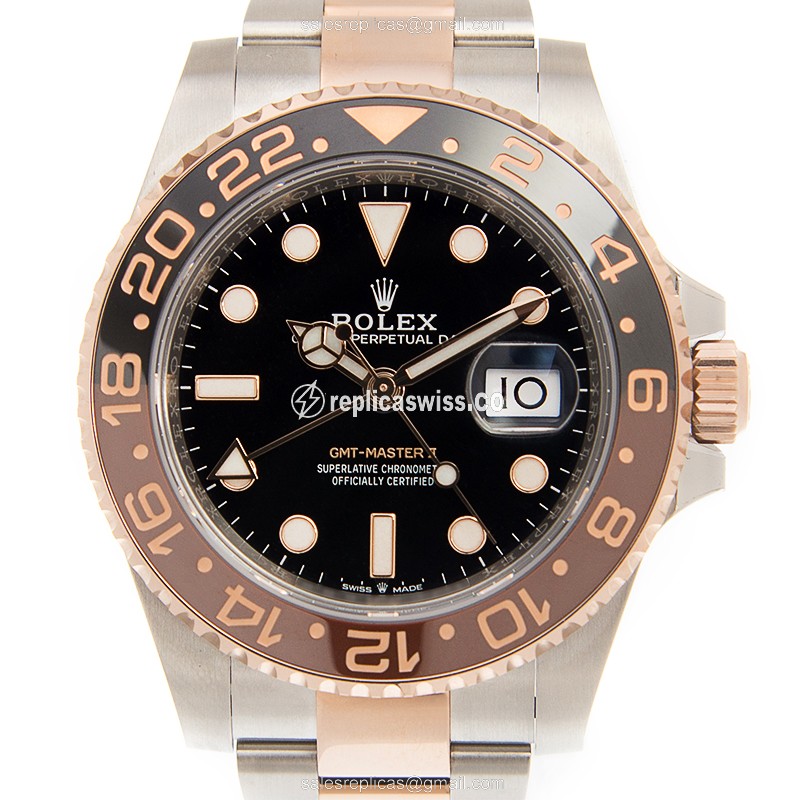 Elegant Rolex GMT-MASTER II Replica in 18kt Steel & Rose Gold, Automatic Movement & Black Dial Watch