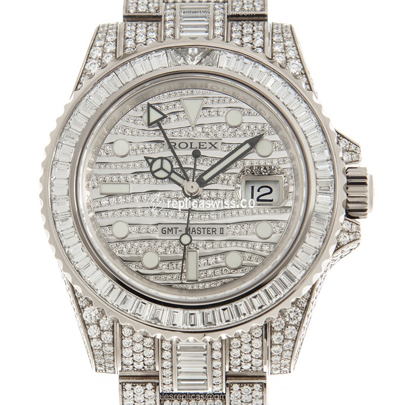 Elegant Rolex GMT-MASTER II Replica in 18kt White Gold, Automatic Movement, Silver Dial Watch