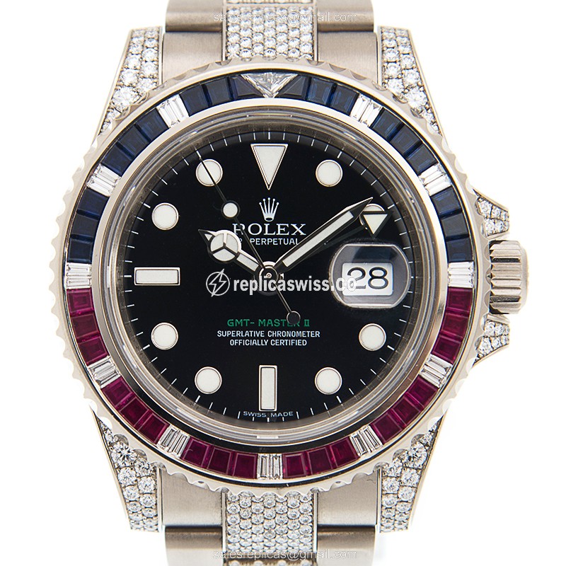 Elegant Rolex GMT-MASTER II Replica in 18kt White Gold Sapphire, Automatic Movement Black Dial