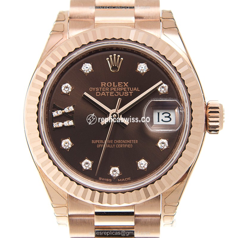Elegant Rolex Lady Datejust Replica in 18kt Brown Gold with Automatic Movement Crystal Bezel
