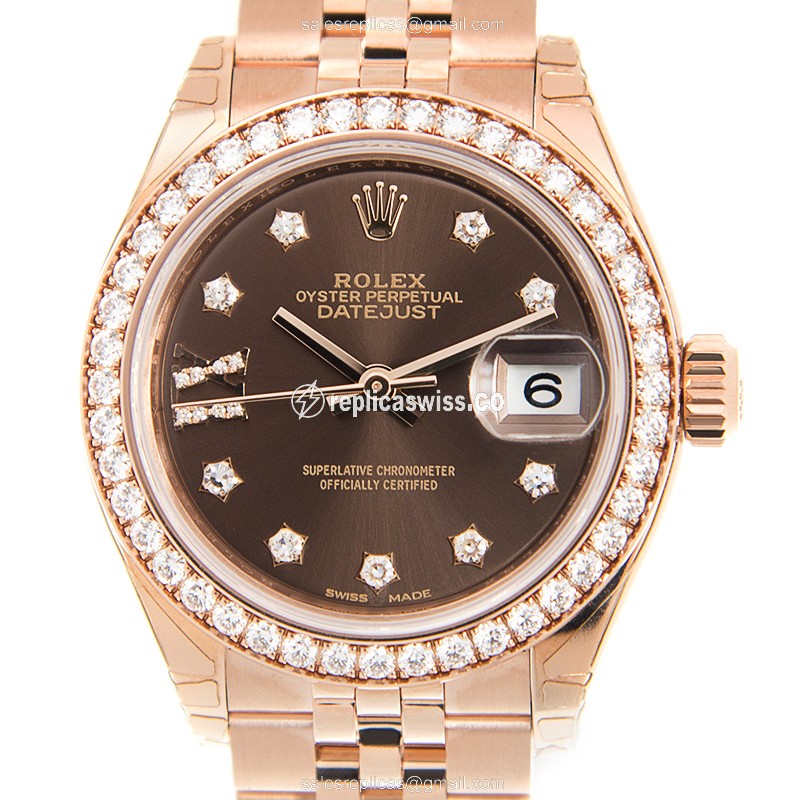 Elegant Rolex Lady Datejust Replica in 18kt Gold, Automatic Movement & Brown Dial Watch