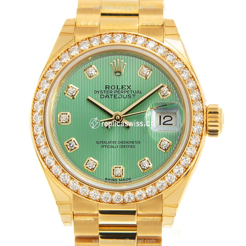 Elegant Rolex Lady Datejust Replica in 18kt Gold, Automatic Movement, Green Dial & Diamond Bezel