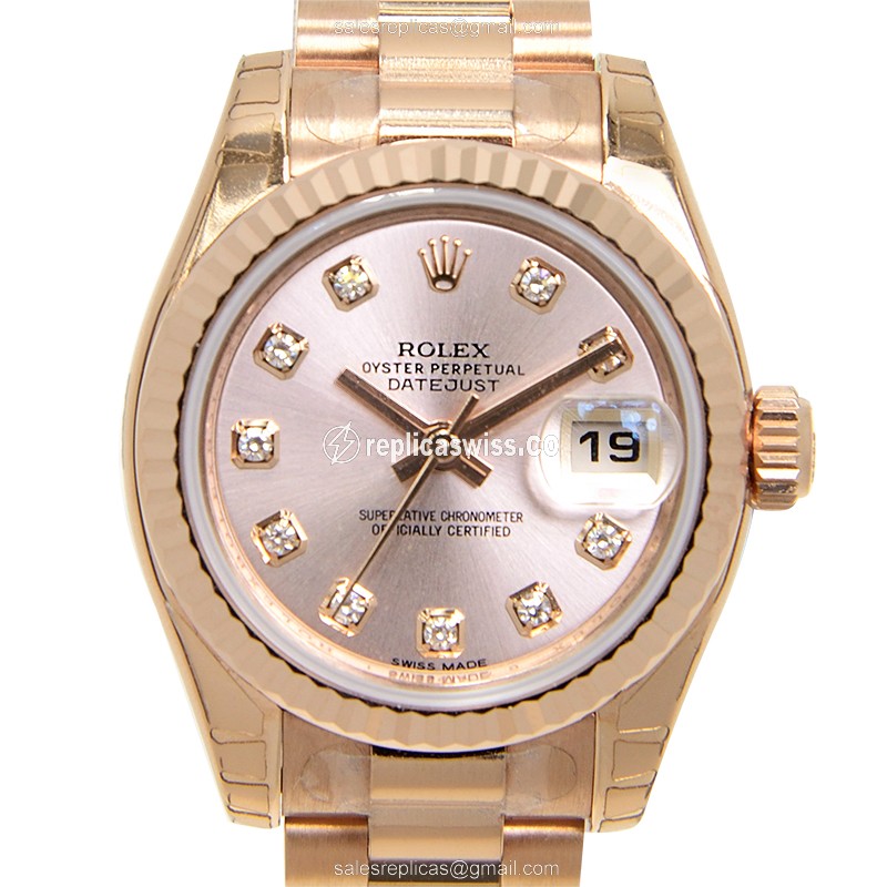 Elegant Rolex Lady Datejust Replica in 18kt Gold, Automatic Movement & Pink Dial Watch