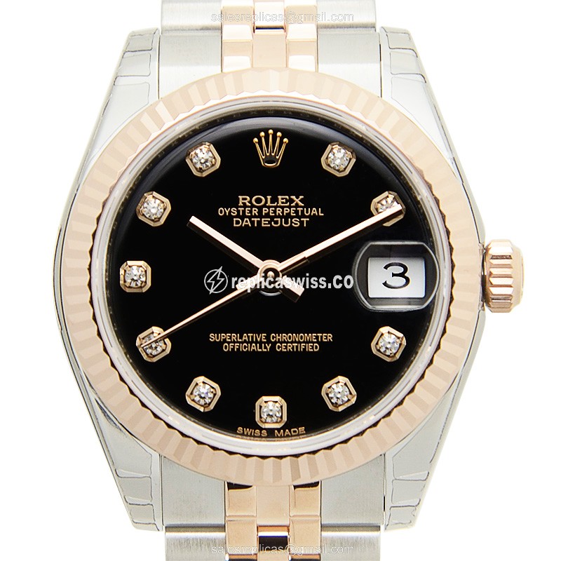 Elegant Rolex Lady Datejust Replica in 18kt Gold Black, Automatic Movement Crystal Bezel