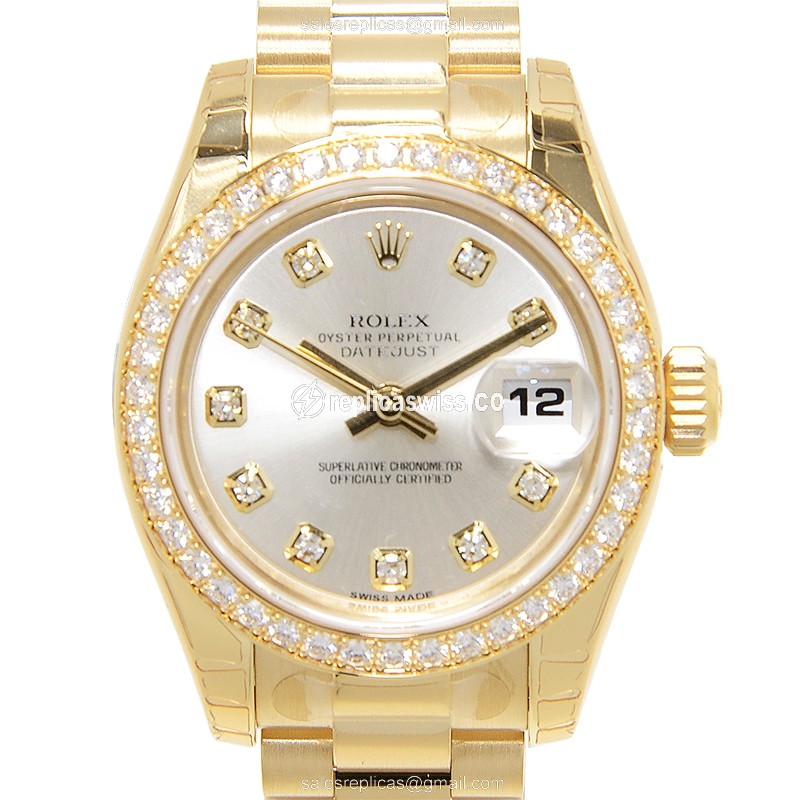 Elegant Rolex Lady Datejust Replica in 18kt Gold Case & Silver Dial, Automatic Movement Watch