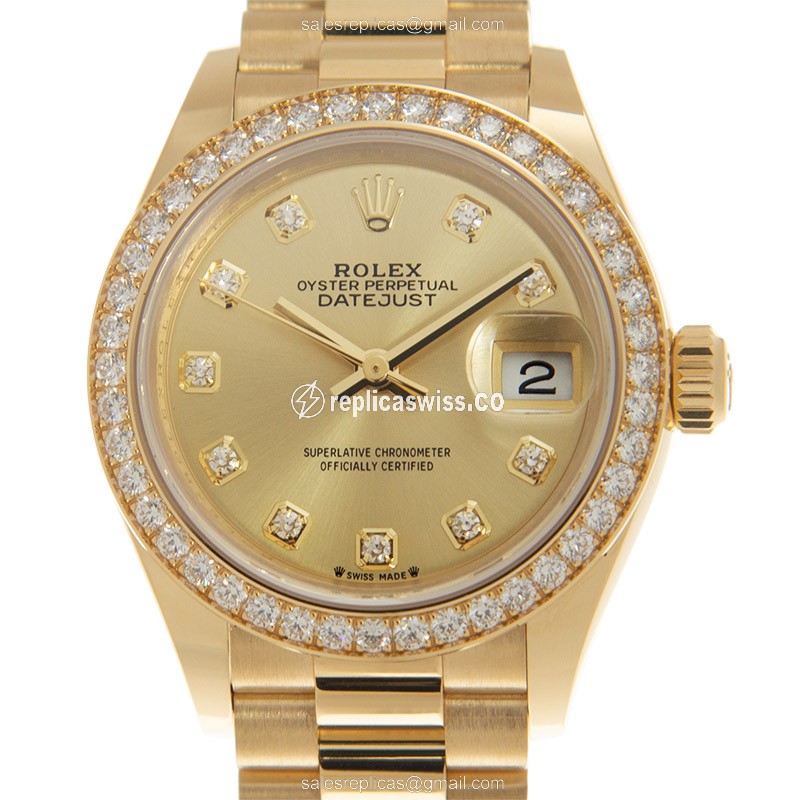 Elegant Rolex Lady Datejust Replica in 18kt Gold & Diamond Bezel, Automatic Movement Watch