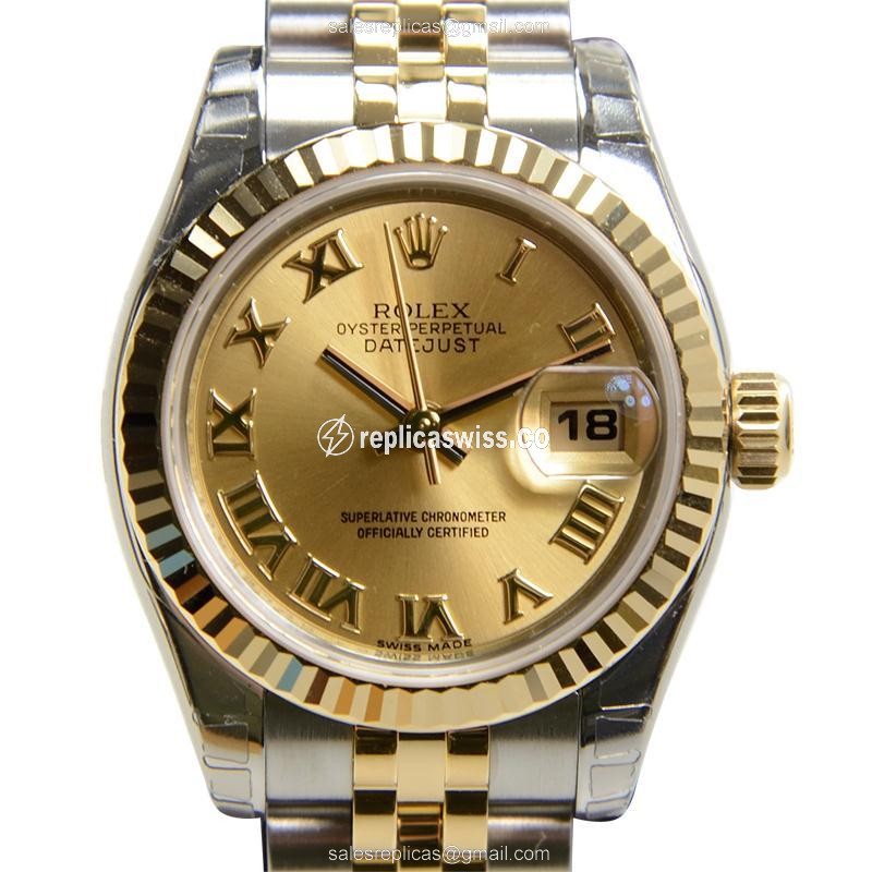 Elegant Rolex Lady Datejust Replica in 18kt Gold & Silver, Automatic Movement Sapphire Crystal