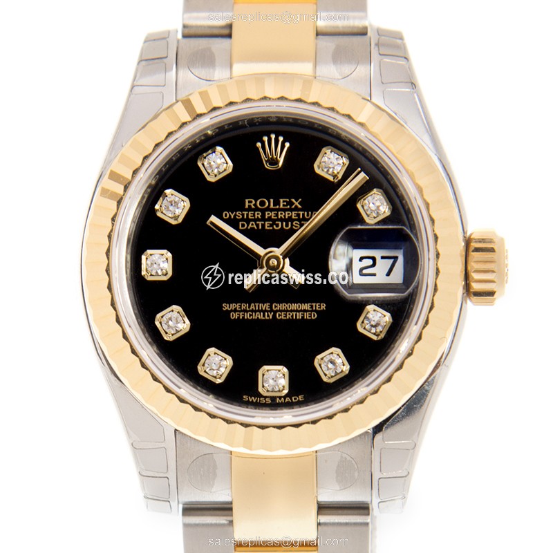 Elegant Rolex Lady Datejust Replica in 18kt Gold & Steel, Automatic Movement & Black Dial Watch