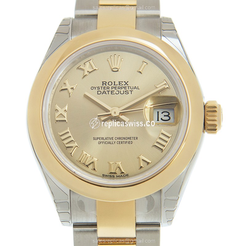 Elegant Rolex Lady Datejust Replica in 18kt Gold & Steel, Automatic Movement & Gold Dial Watch