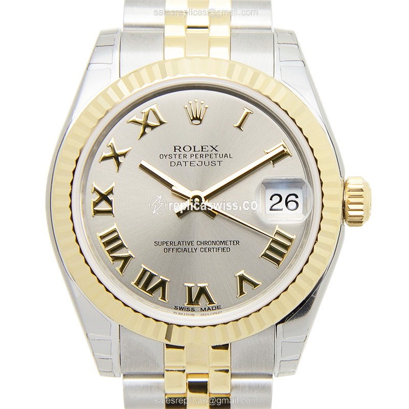 Elegant Rolex Lady Datejust Replica in 18kt Gold & Steel, Automatic Movement & Gray Dial Watch