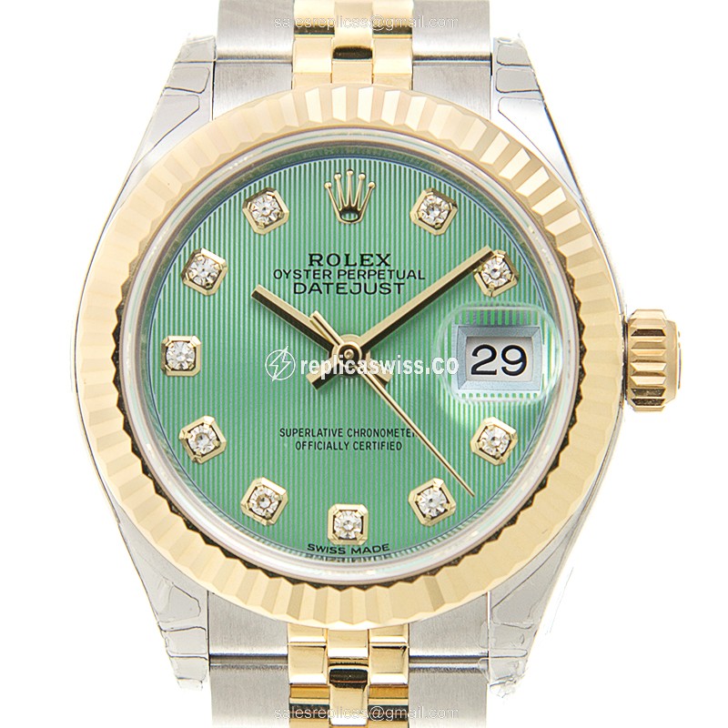 Elegant Rolex Lady Datejust Replica in 18kt Gold & Steel, Automatic Movement Green Dial Watch