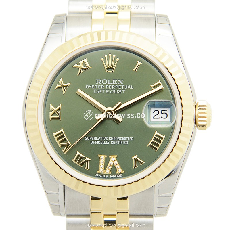Elegant Rolex Lady Datejust Replica in 18kt Gold & Steel, Automatic Movement & Green Dial Watch