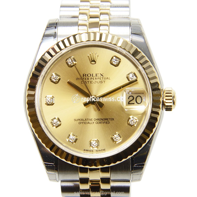 Elegant Rolex Lady Datejust Replica in 18kt Gold & Steel, Automatic Movement & Silver Band Watch