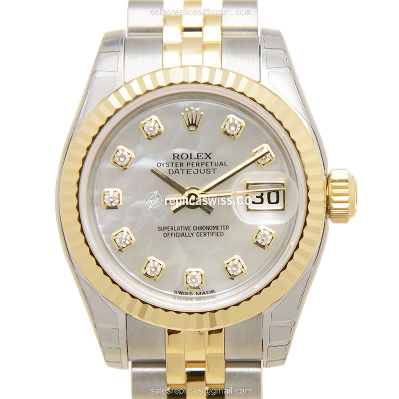 Elegant Rolex Lady Datejust Replica in 18kt Gold & Steel, Automatic Movement & White Dial Watch