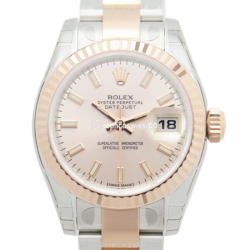 Elegant Rolex Lady Datejust Replica in 18kt Pink Gold & Silver, Automatic Movement Watch