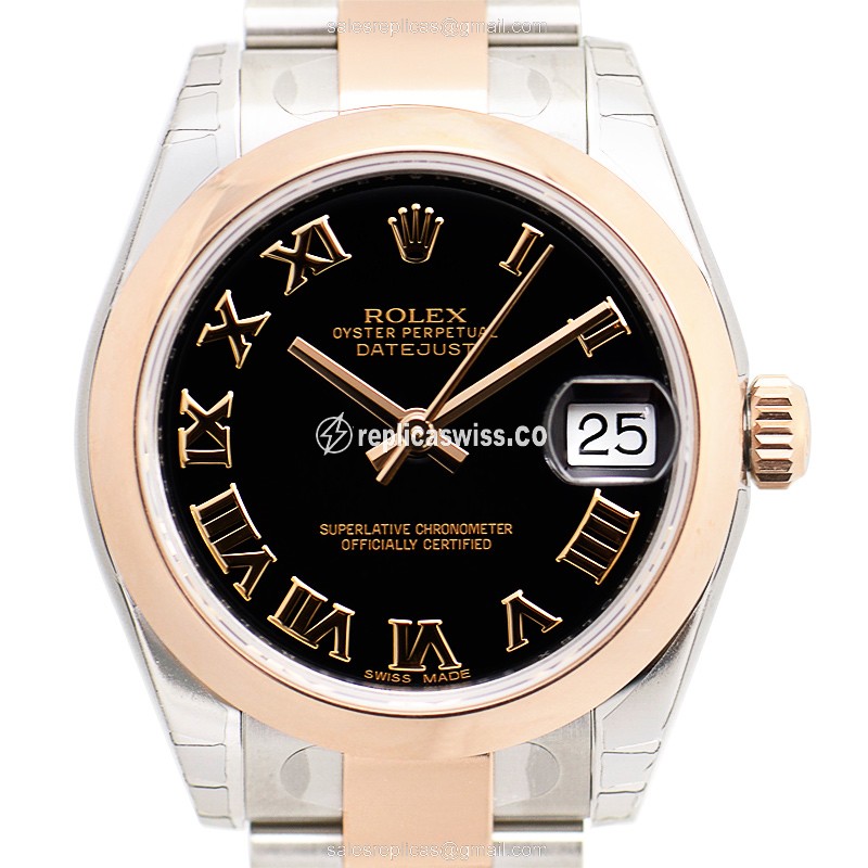Elegant Rolex Lady Datejust Replica in 18kt Steel & Black Dial, Automatic Movement Watch