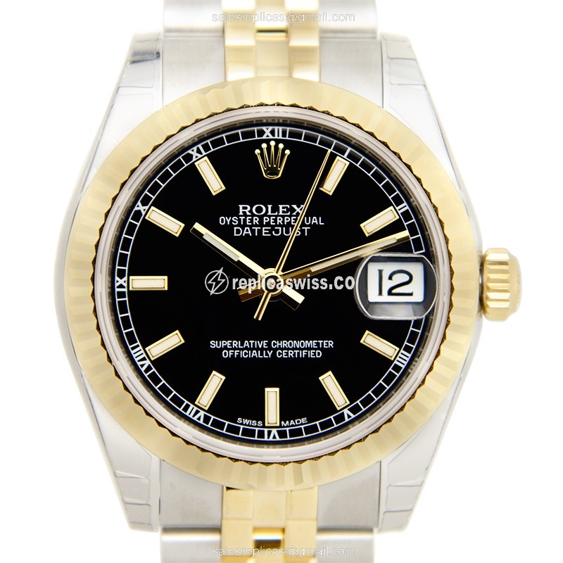 Elegant Rolex Lady Datejust Replica in 18kt Steel & Black Dial, Automatic Movement Watch